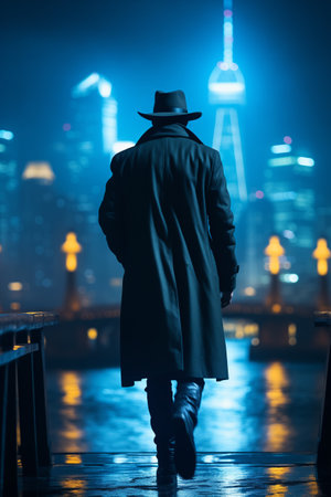 A man dressed in a long overcoat walks on the rainy street.の素材