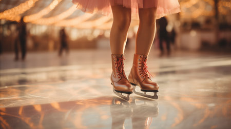 the legs of an ice skater and shoes on ice.の素材