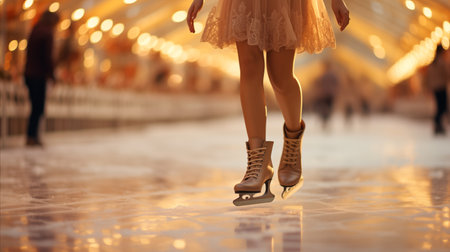 the legs of an ice skater and shoes on ice.の素材