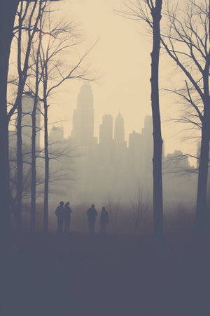 Silhouettes of skyscrapers in the city visible behind trees in a foggy weather.の素材