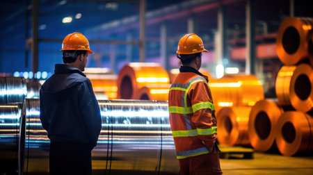 Two workers check metal rolls in factory warehouse. Generative AI.の素材
