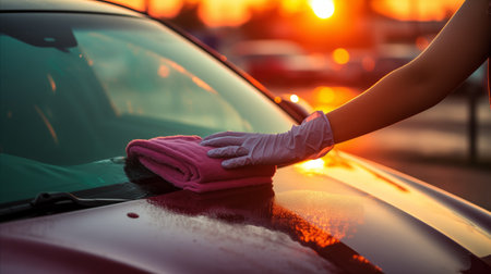 a hand wiping a car window with a towel.の素材