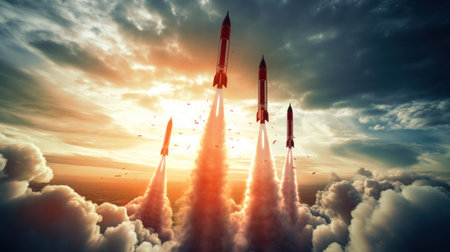 Terrifying ballistic missiles streaking across the sky.. Generative AIの素材
