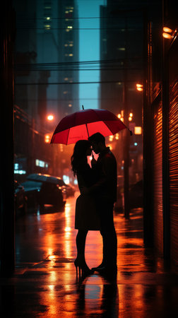 A couple having emotional moments under an umbrella on a rainy streetの素材