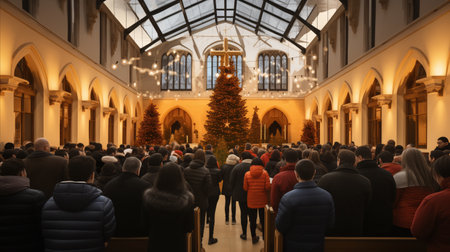 People are in an interior church with an impressive Christmas tree.の素材