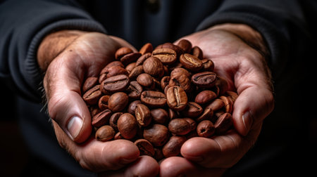 A man holding coffee beans in his hands. Generative AIの素材