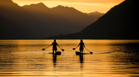 People paddling a canoe on a calm lake at sunset. Generative AIの素材