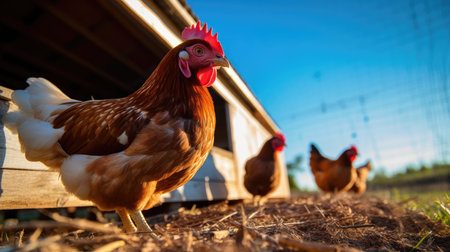 Chickens standing in front of chicken coop. Generative AIの素材