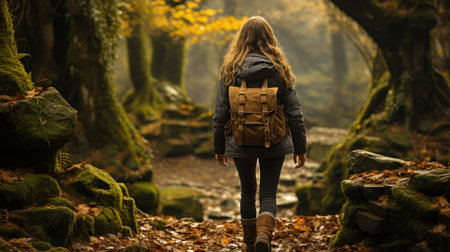 A woman walking deep into the forest. Generative AIの素材