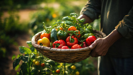 A farmer holding a basket of fresh peppers. Generative AIの素材
