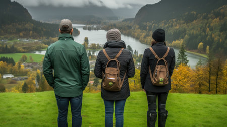 A group of mountaineer friends watching the view from a hill. Generative AIの素材