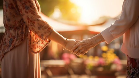 Old woman and young woman holding hands. Generative AIの素材