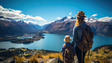 A family hiking adventure overlooking a serene lake.. Generative AIの素材