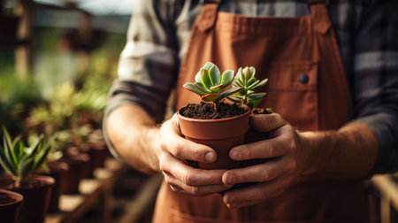 Gardening man holding a flower pot. Generative AIの素材