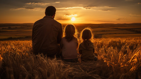 A father and his two children watching the sunset in a field.. Generative AIの素材