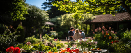 Blurred photo of a family having a barbecue and picnic in their garden. Generative AIの素材
