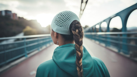 Photo of sporty woman walking towards the bridge. Generative AIの素材