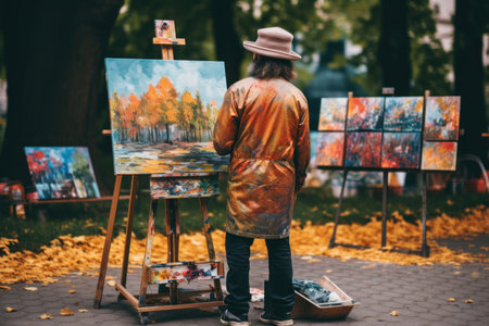 An artist painting in oil outside. Generative AIの素材