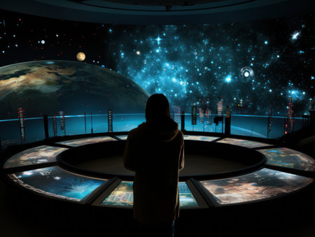 Man watching the sky and screens from a watchtower. Generative AIの素材