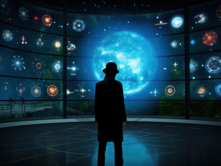 Man watching the sky and screens from a watchtower. Generative AIの素材