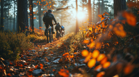 Mountain bikers cycling in the forestの素材