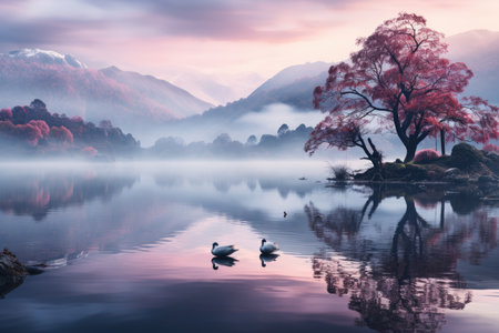 Misty early morning shot of a tranquil lake, faint outline of mountains in the background. Generative AIの素材