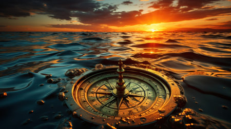 Antique compass with an orange hue, surrounded by water droplets.. Generative AIの素材
