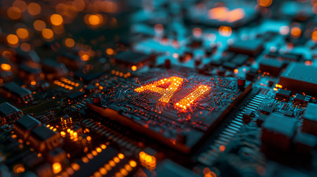 Photo of a chipset with neon lights saying AI on the chip.の素材