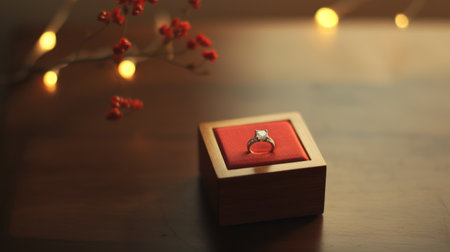 A sparkling diamond ring elegantly placed on a vibrant red box.. Generative AIの素材