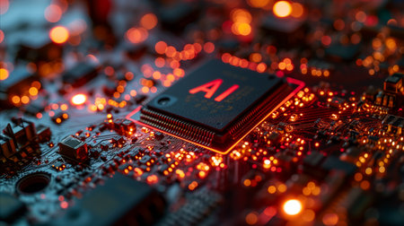Photo of a chipset with neon lights saying AI on the chip.の素材