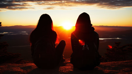 Women mountain hikers watching the sunset view. Generative AIの素材