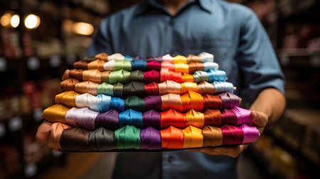 A vendor selling a variety of colorful fabrics. Generative AIの素材