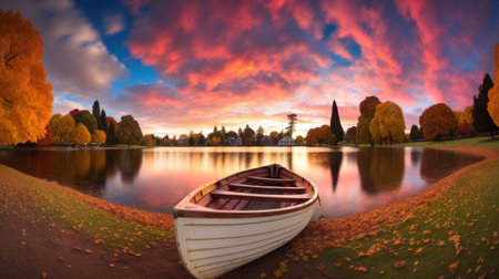 Scenic view of a boat docked beside a serene lake with colorful sunset.. Generative AIの素材