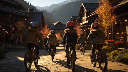 A group of friends of young children riding bicycles on a quiet street. Generative AIの素材