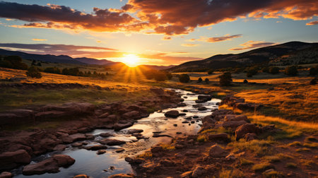 Sunrise over a mountain range. Generative AI.. Generative AIの素材