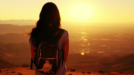Woman mountain hiker watching the sunset view. Generative AIの素材
