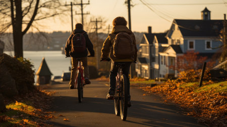 A group of friends of young children riding bicycles on a quiet street. Generative AIの素材