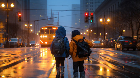 Little children walking with backpacks on a rainy city evening. Generative AIの素材