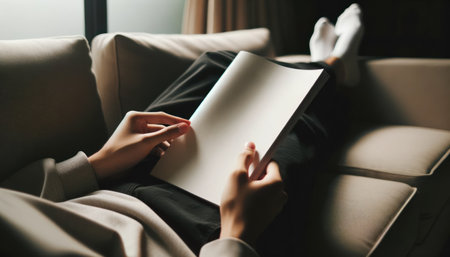 A person lounging on a sofa, flipping through a magazine with a blank cover.. Generative AIの素材