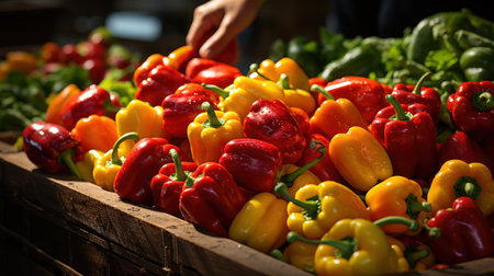 A hand picking fresh peppers. Generative AIの素材