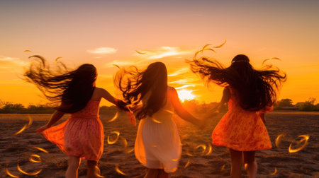Three girls with flowing hair, dancing in an open field during sunset.. Generative AIの素材