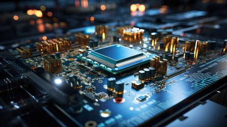 Close-up of a microchip assembly line. Generative AIの素材
