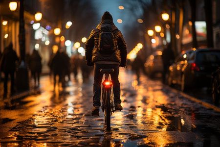 A man riding a bicycle on a rainy evening street. Generative AIの素材