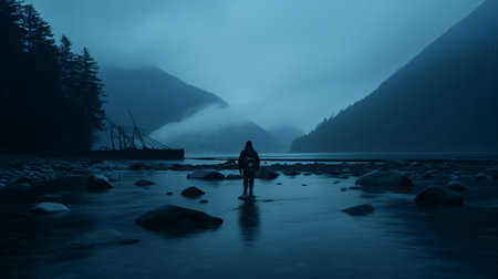 Man fishing in a foggy lake. Generative AI.の素材