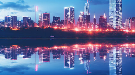 Night photo of skyscrapers rising in the city. Generative AIの素材
