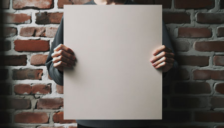 An individual holding a rolled-out blank poster, standing against a brick wall.. Generative AIの素材