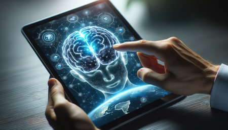Advanced three-dimensional human brain simulation viewed from inside a tablet. Generative AIの素材