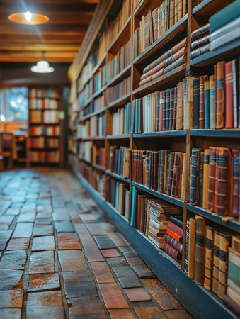 A long row of bookshelves stacked with numerous books, creating a captivating and extensive collection.の素材