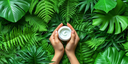 Top view of a person's hands holding an open jar of cream amidst vibrant green ferns and tropical leaves, symbolizing organic skincare and wellness.の素材