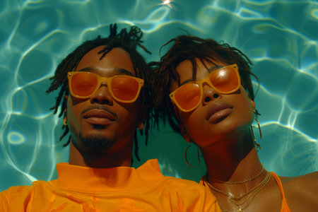 An african couple stands together in a body of water.の素材